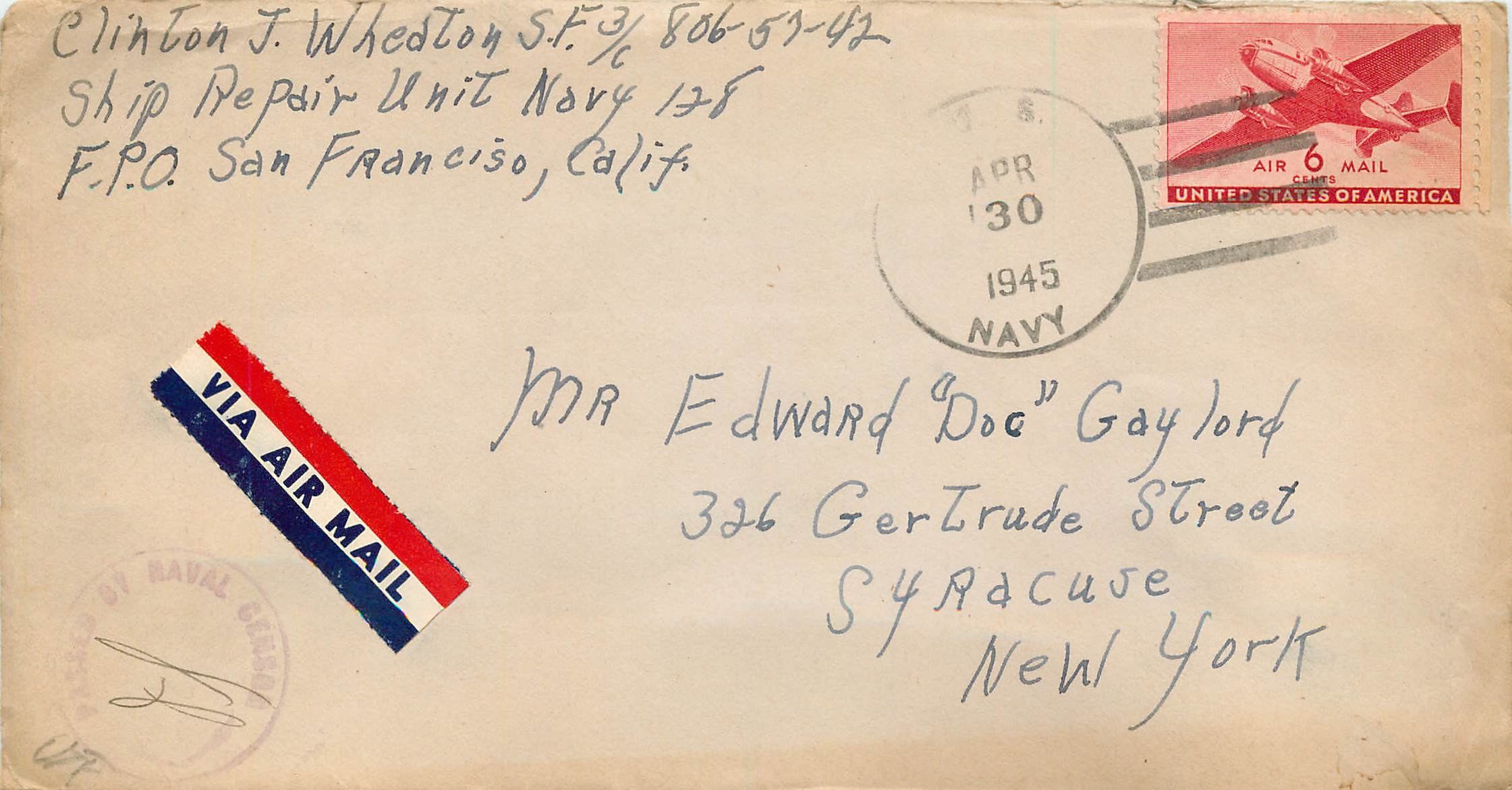 Cover Lettre US Navy 1945 Militaria