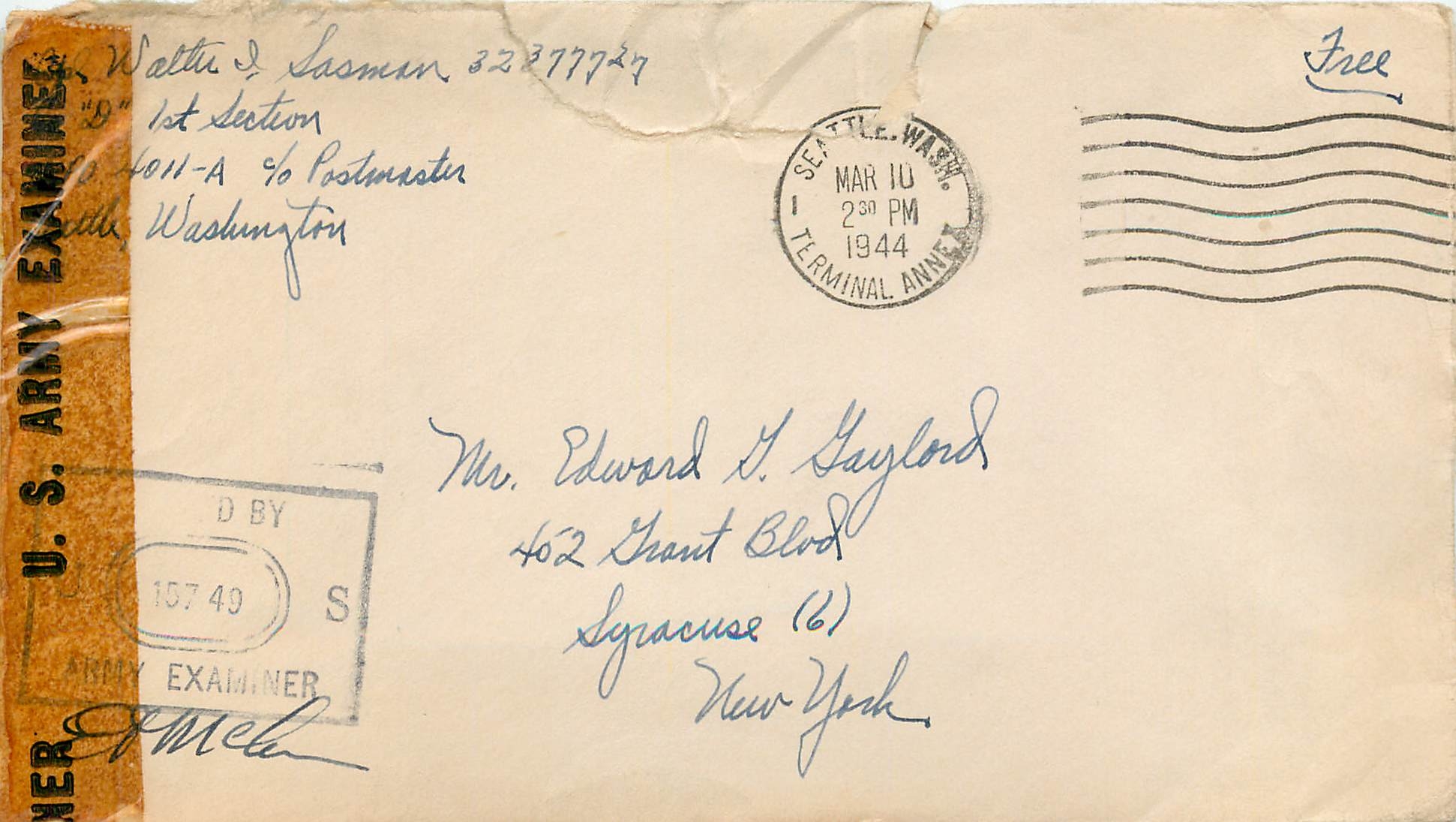 Cover Lettre US Navy 1944 Censored Seattle Militaria