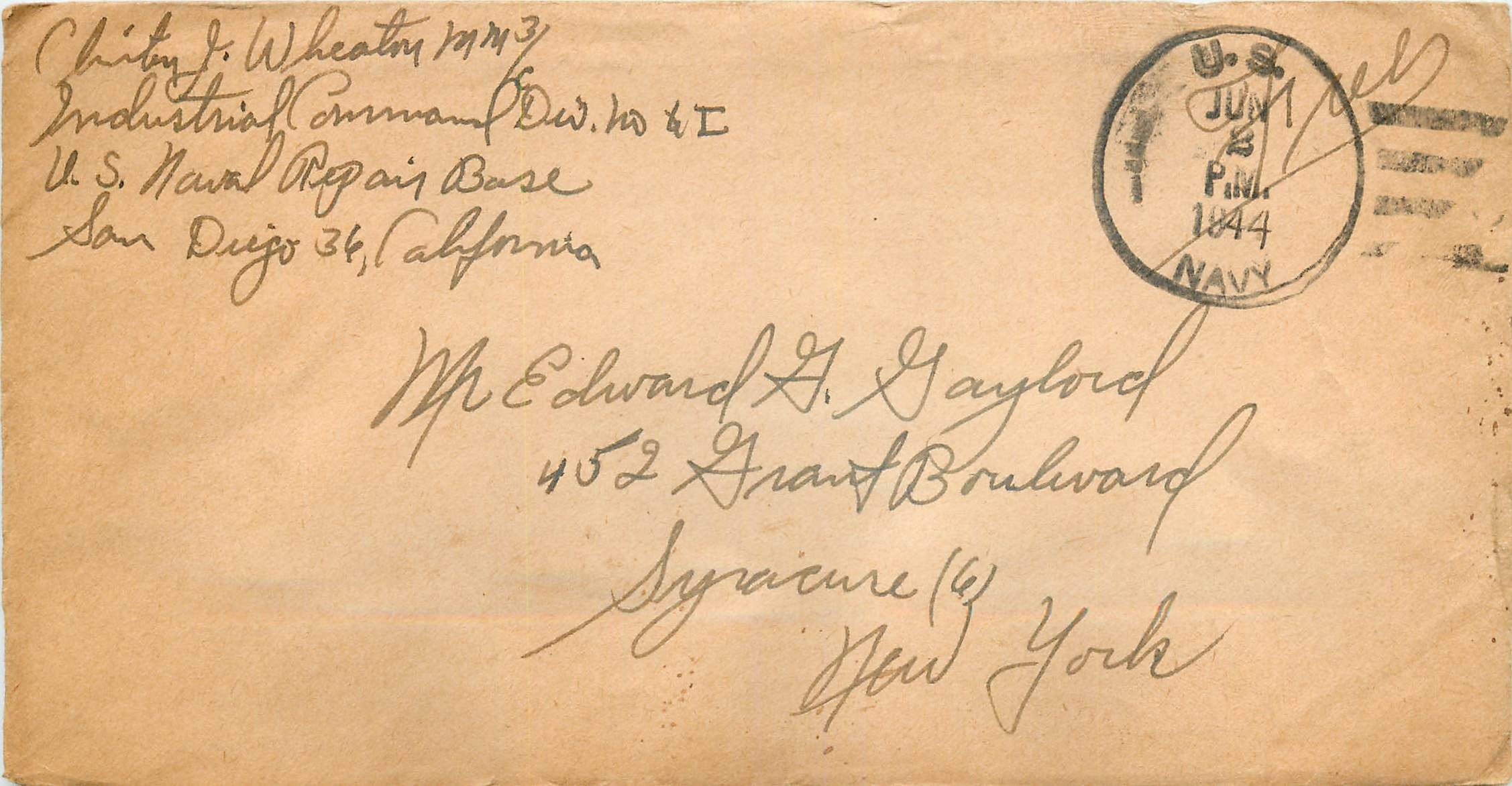 Cover Lettre US Navy 1944 Militaria