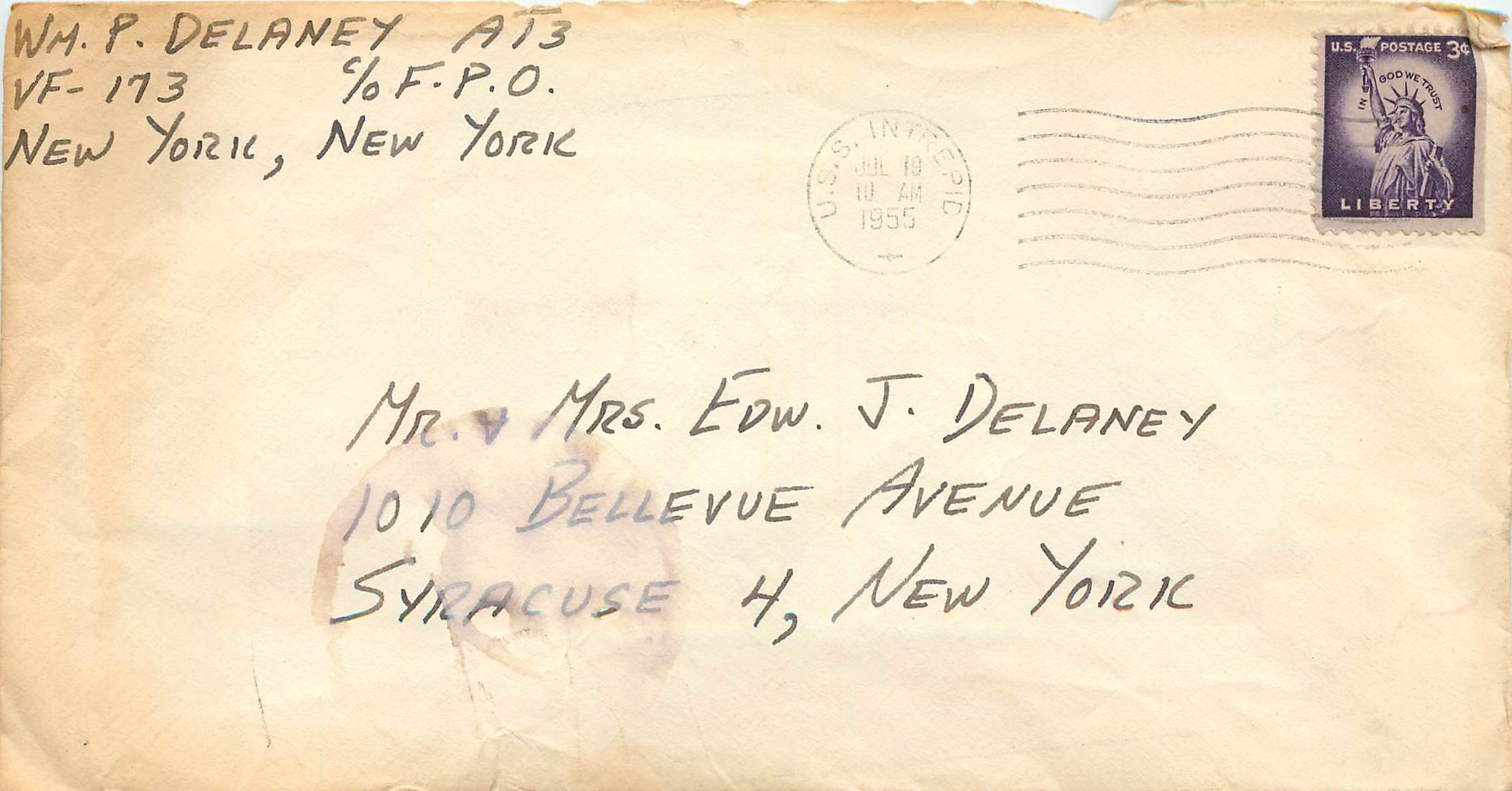 Cover Lettre USS Intrepid 1955 Bateau Militaria