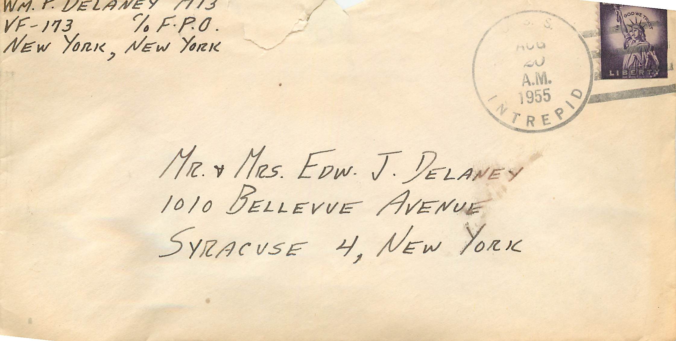 Cover Lettre USS Intrepid 1955 Bateau Militaria