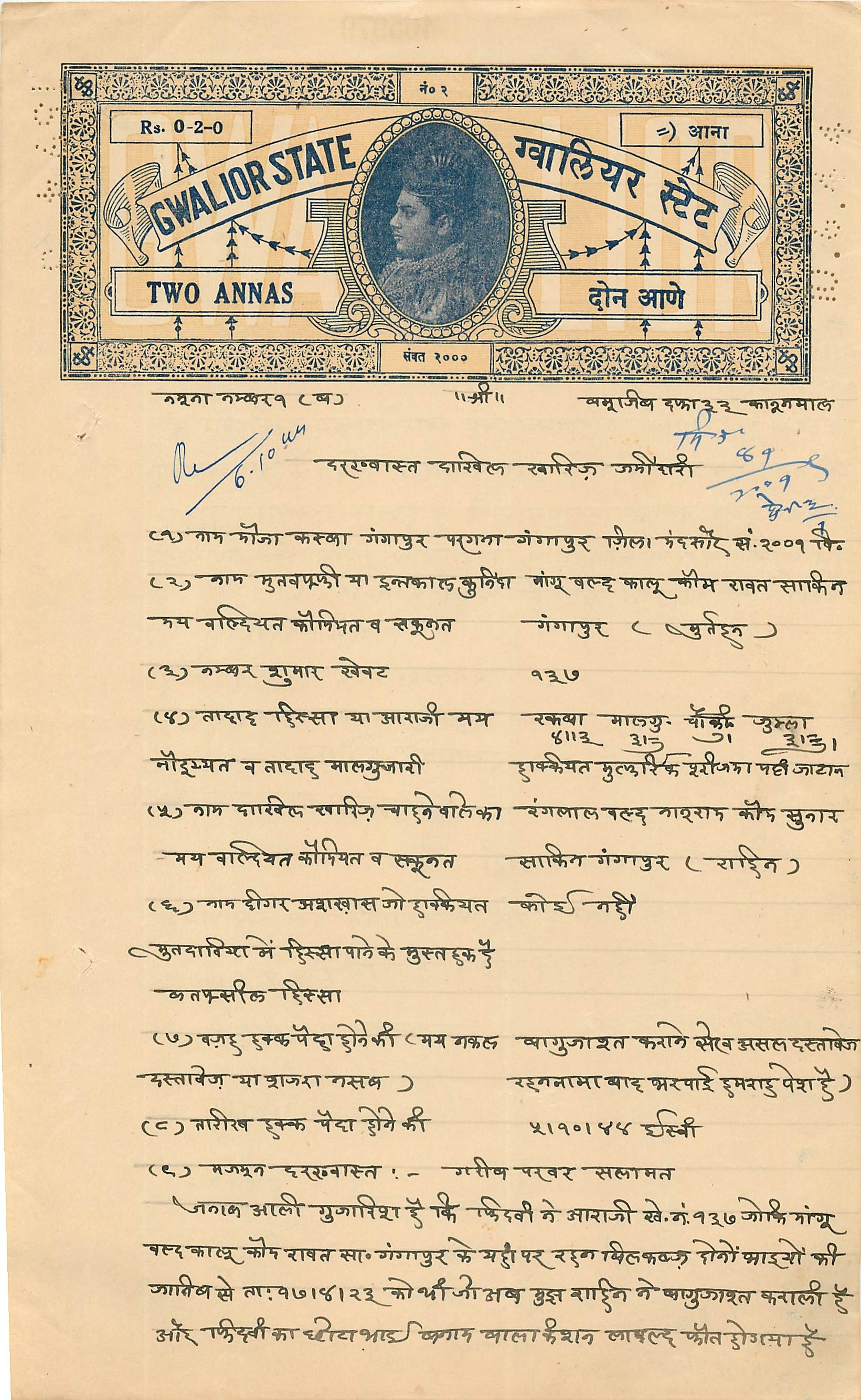 Inde India Fiscal Revenue Court Fee Princely State Gwalior 