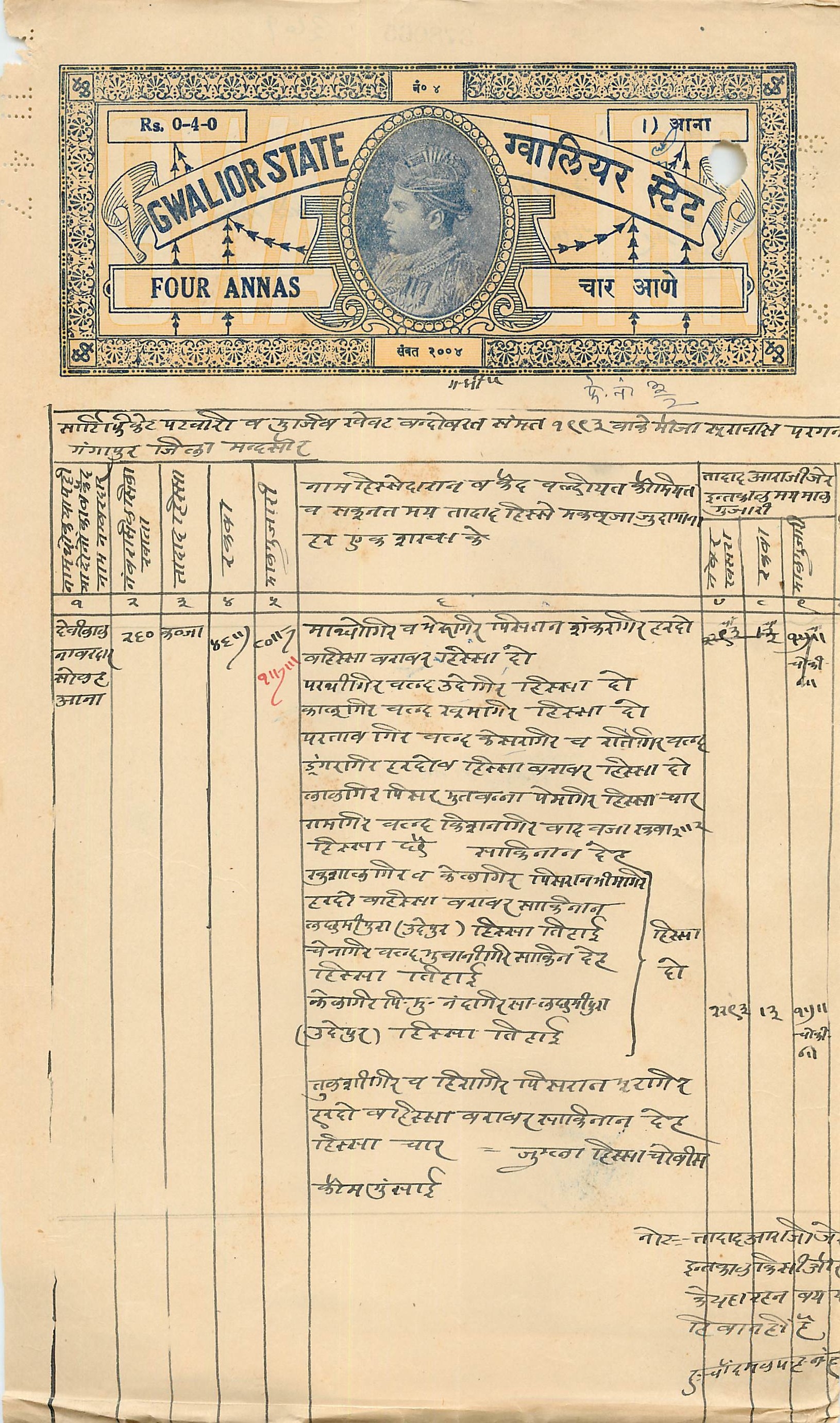 Inde India Fiscal Revenue Court Fee Princely State  Gwalior