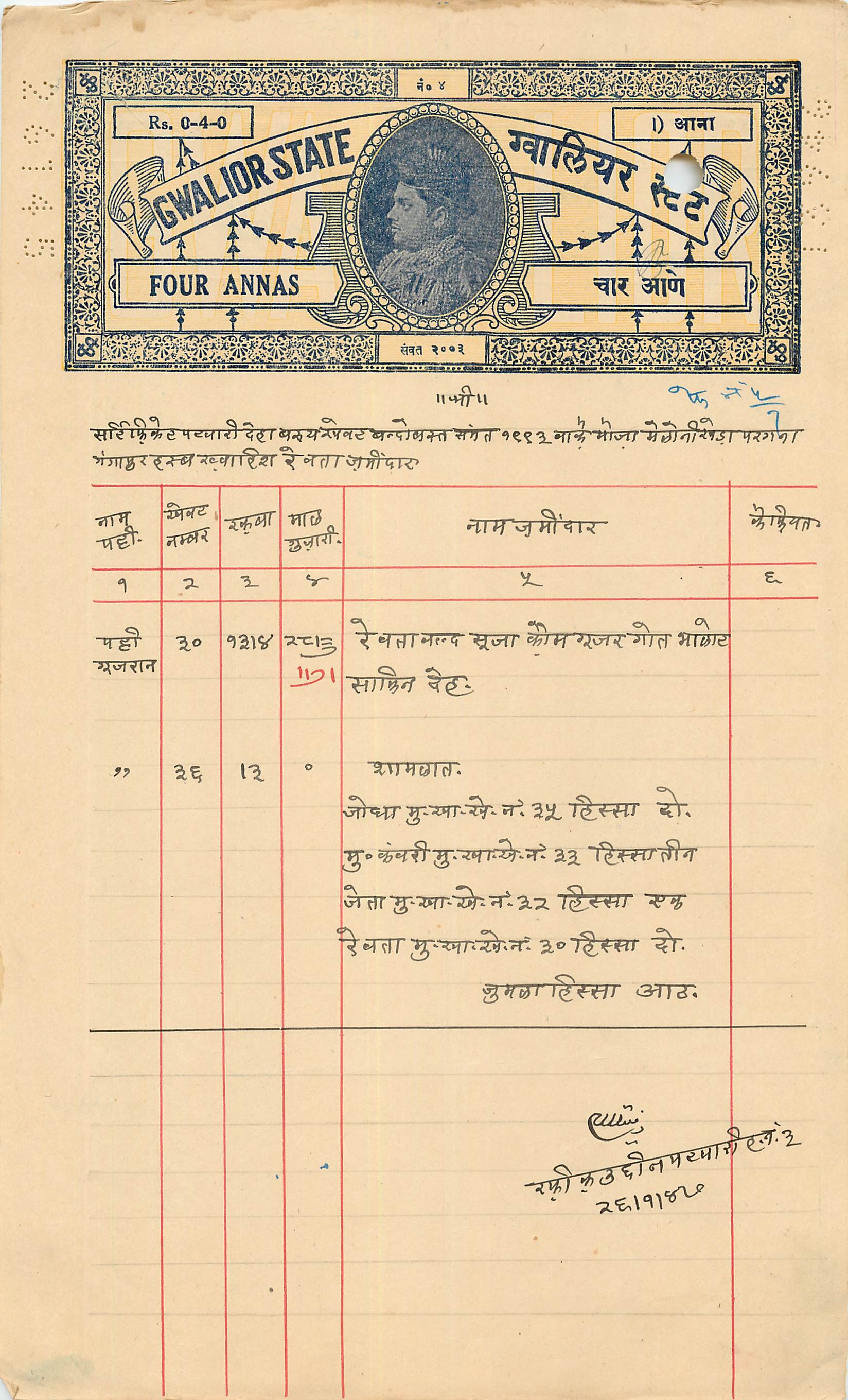 Inde India Fiscal Revenue Court Fee Princely State  Gwalior
