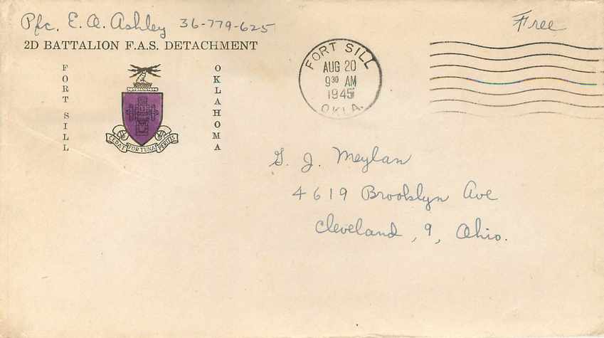 Lettre Cover 2D Batalion FAS Detachment Fort Sill 1945