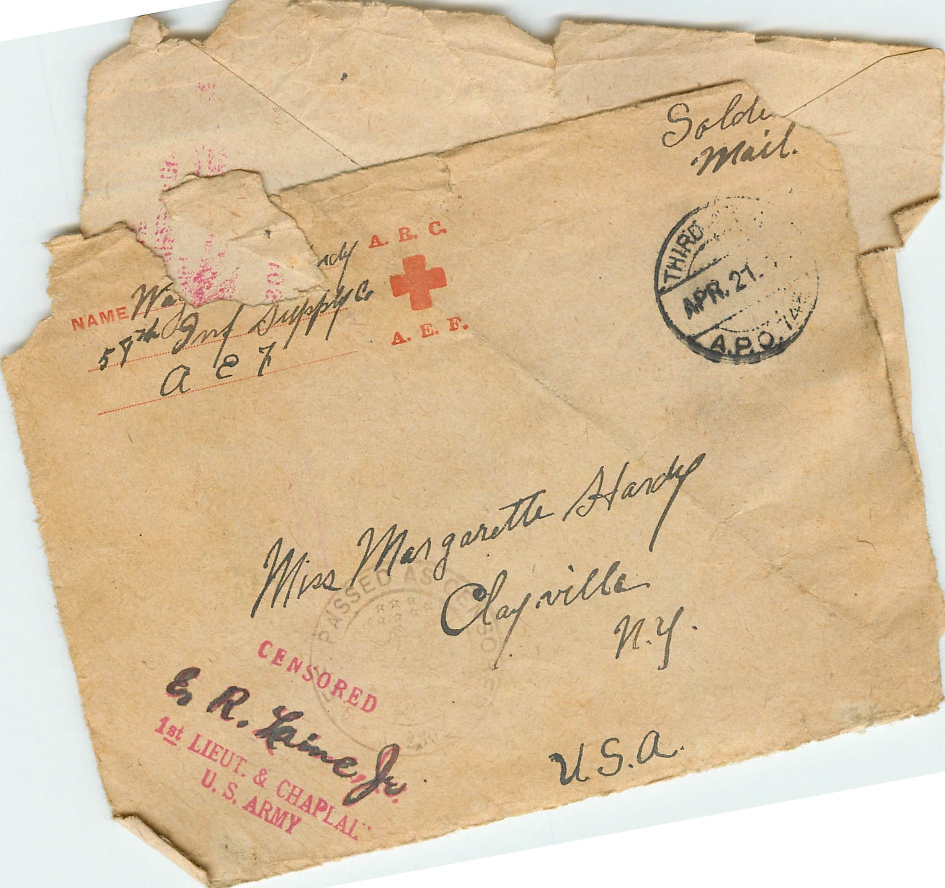 Lettre Cover AEF US Censor WW1