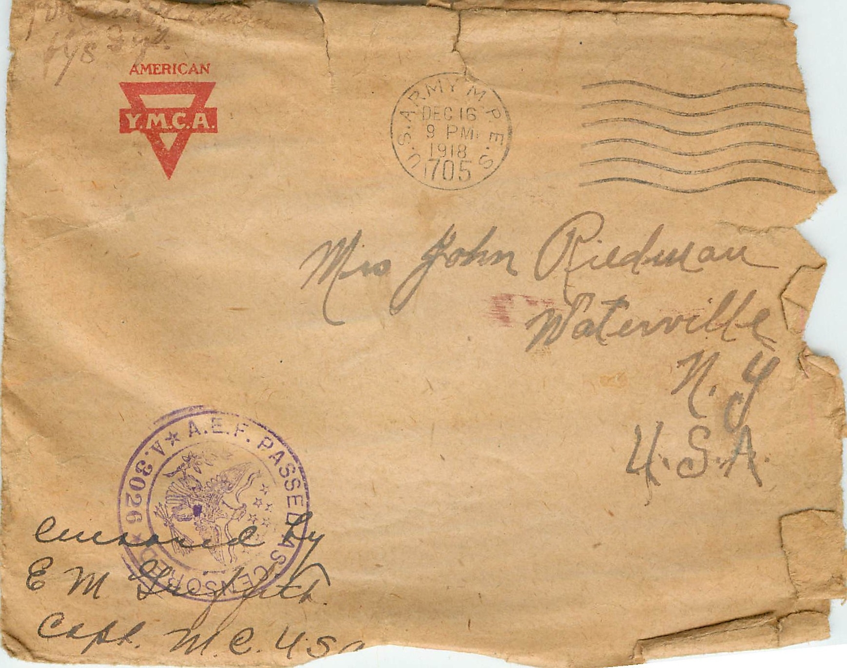 Lettre Cover US Censor YMCA WW1