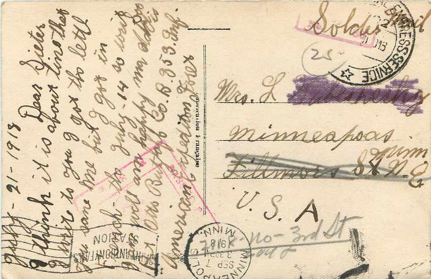 CPA Duo de cœurs Censure Militaria 1918 — Rückseite