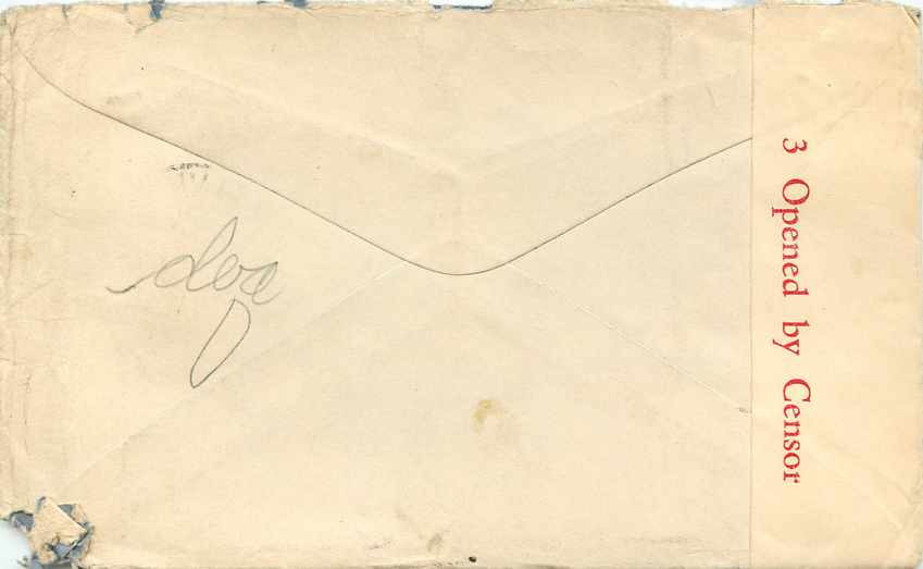 Carte postale australienne — timbres et cachet de censure — destinée à Mrs. Alexander Bartlich, Detroit, Michigan, U.S.A. — Verso