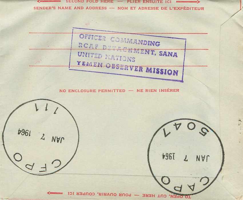 Lettre Cover 1964 Canadian UN Forces in Yemen  — Rückseite