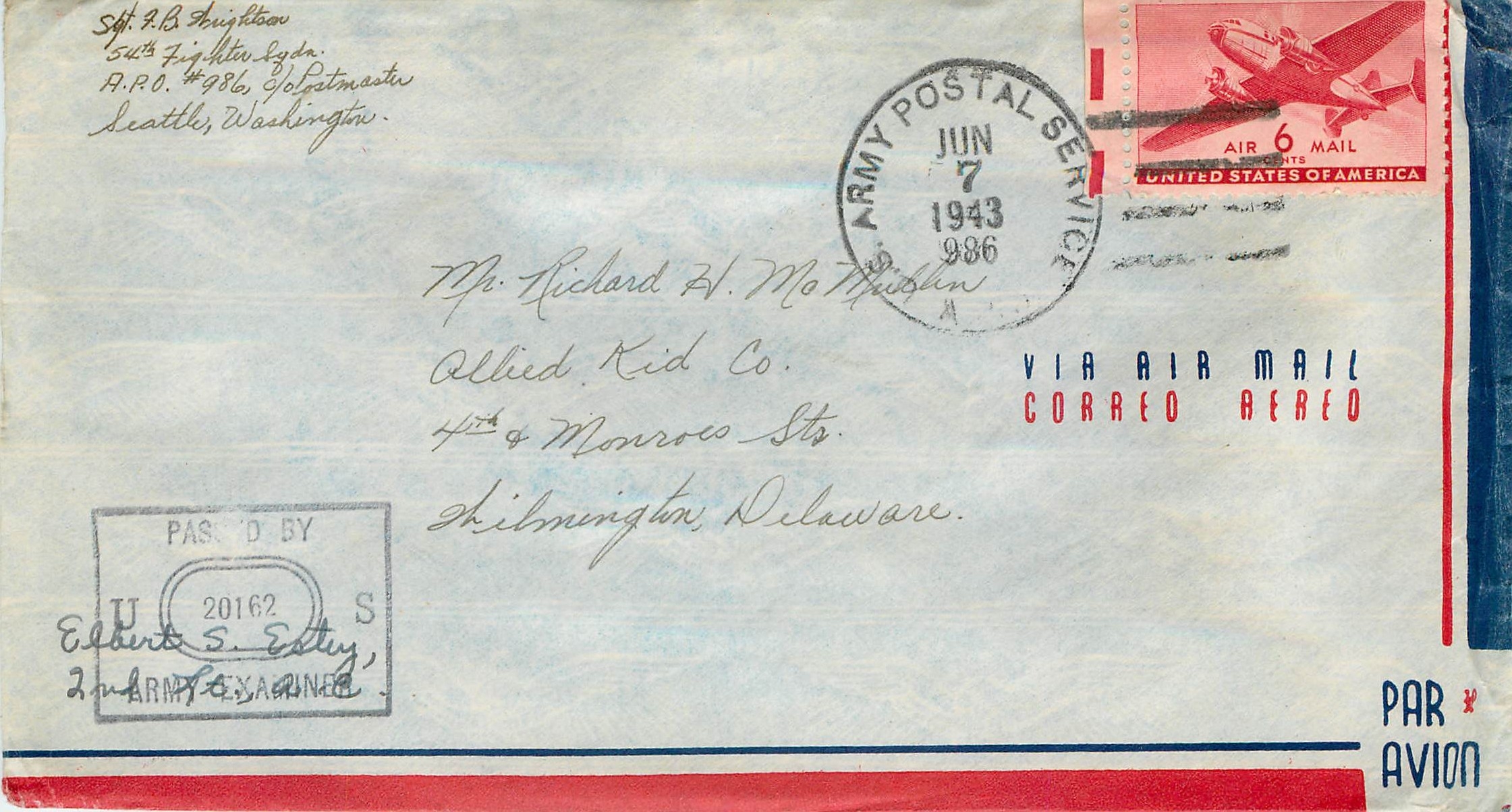 Lettre Cover US Censor 1943