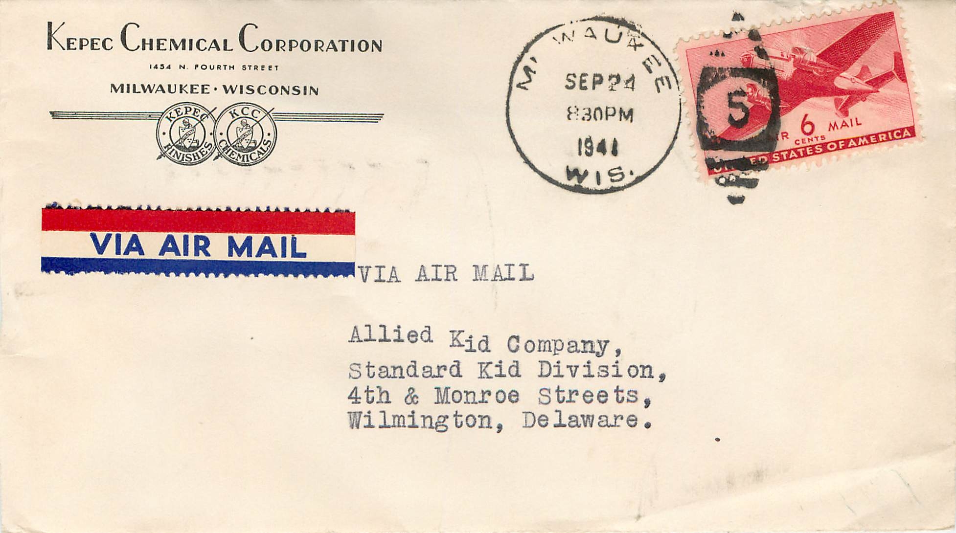 Lettre Cover US 1941 Kepec Chemical Corporation Chimie Milwaukee Wisconsin