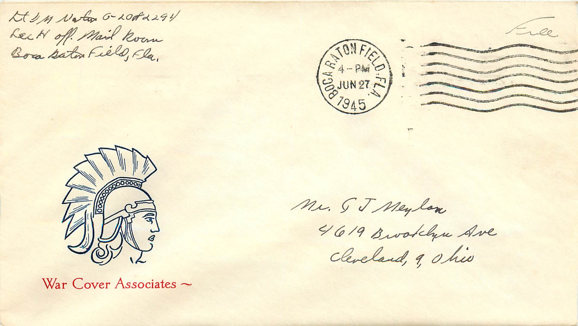 Lettre Cover US War cover associates Indien Boca Raton 1945