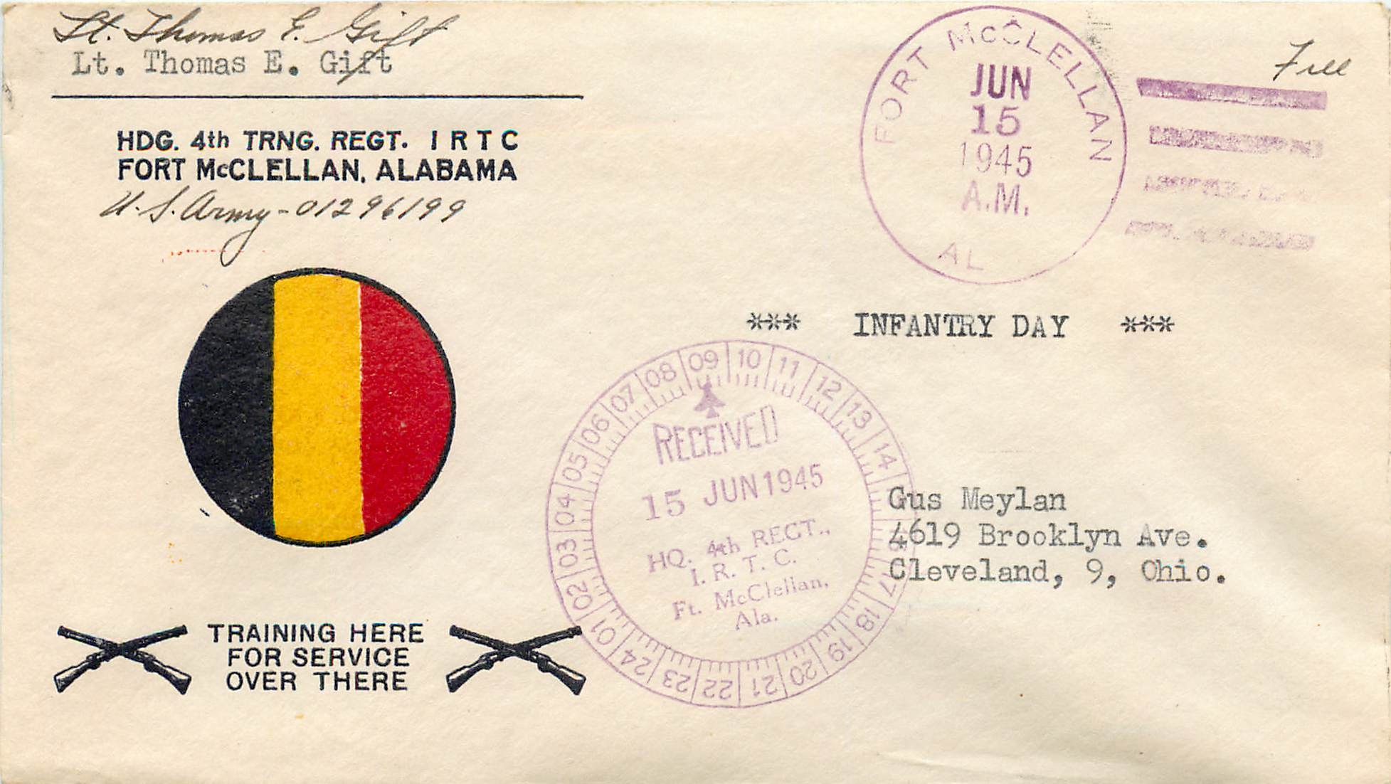 Lettre Cover US 1945 Hdg 4th Trng Regt Fort McClellan Alabama