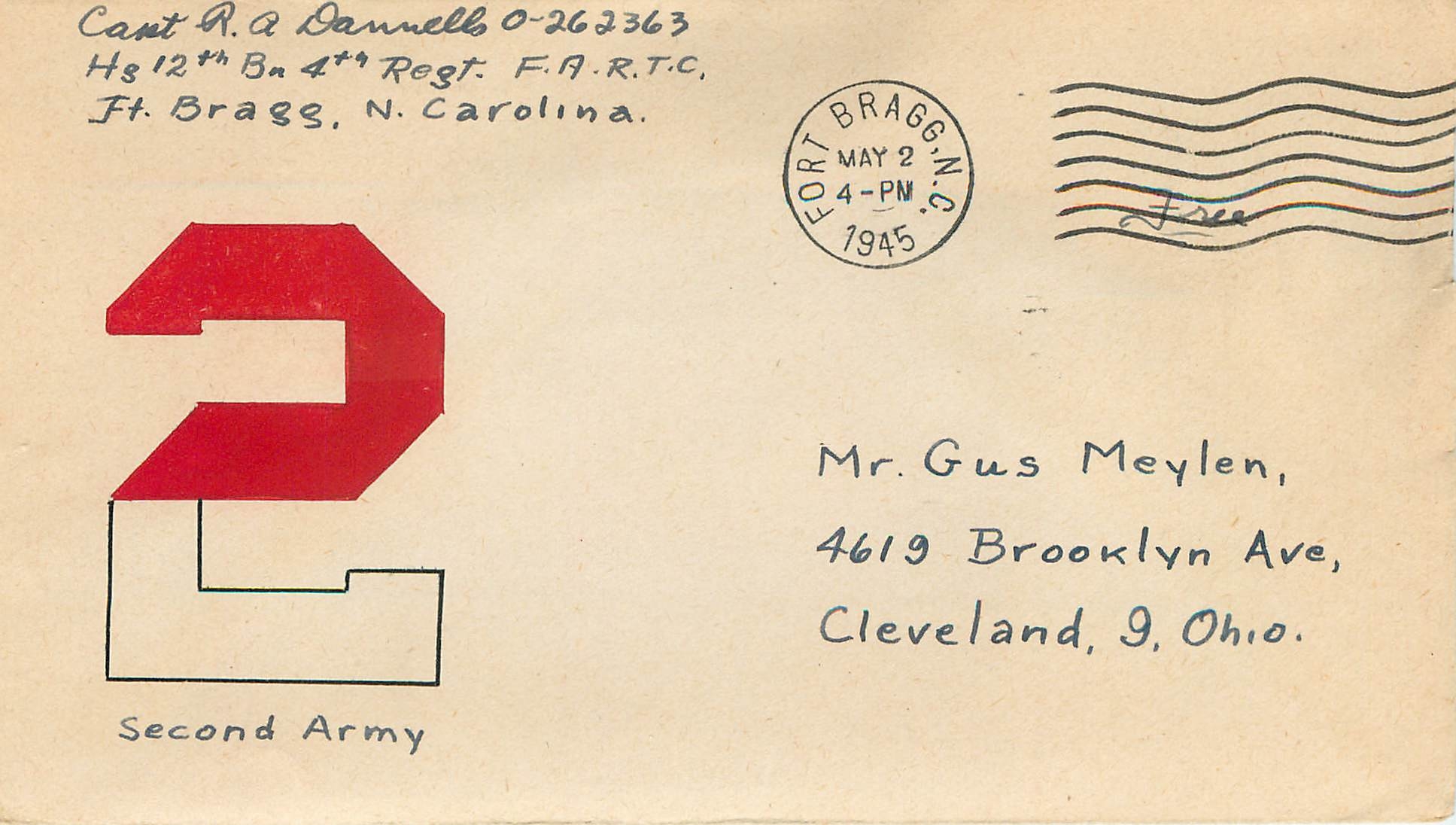 Lettre Cover US Second Army Fort Bragg 1945