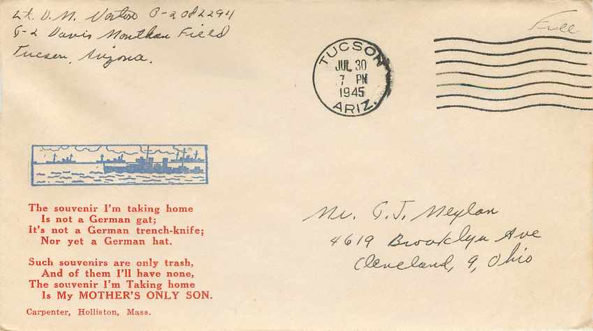 Lettre Cover US 1945 Bateau Boat Tucson 