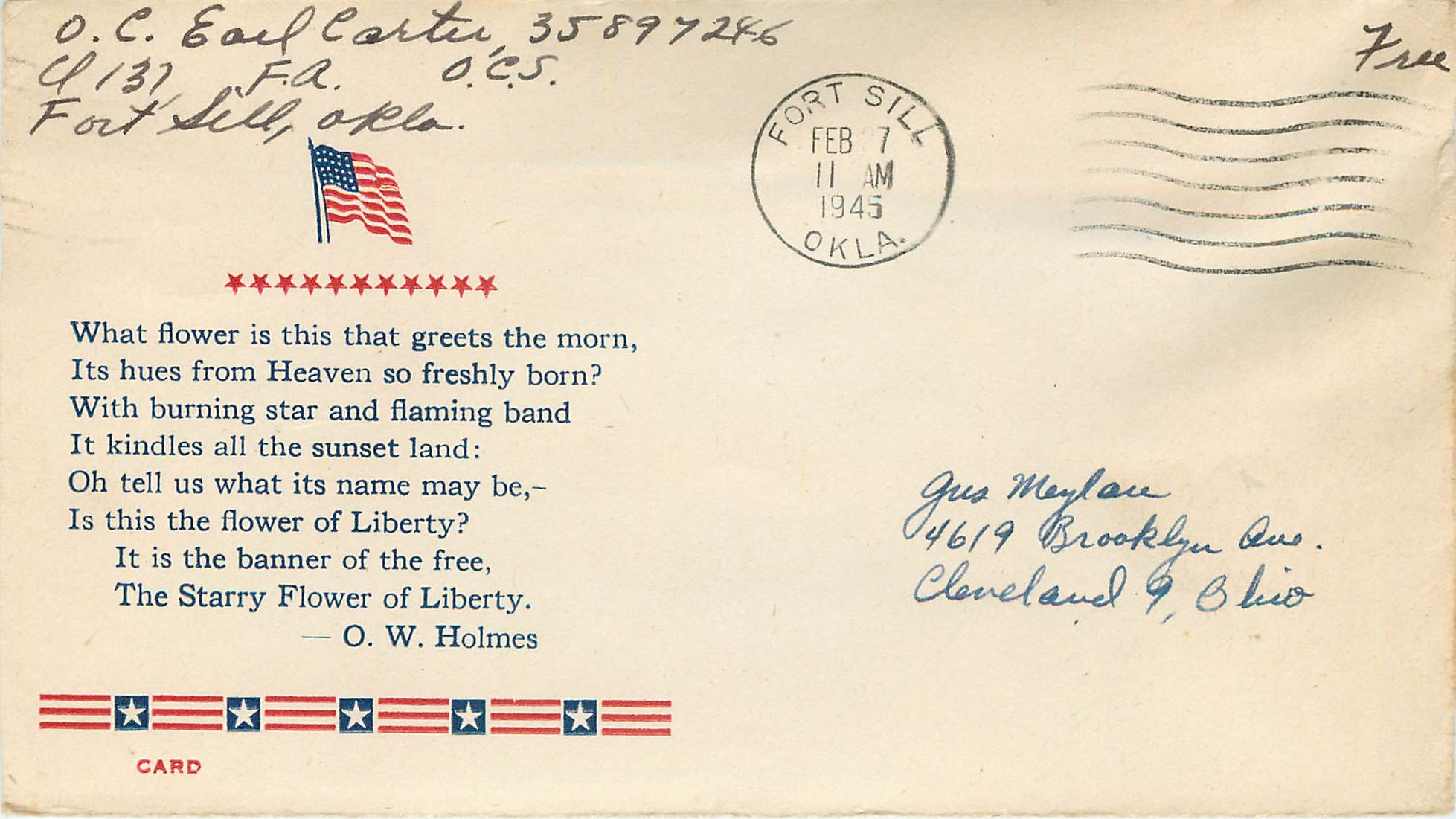 Lettre Cover US Fort Sill 1945 