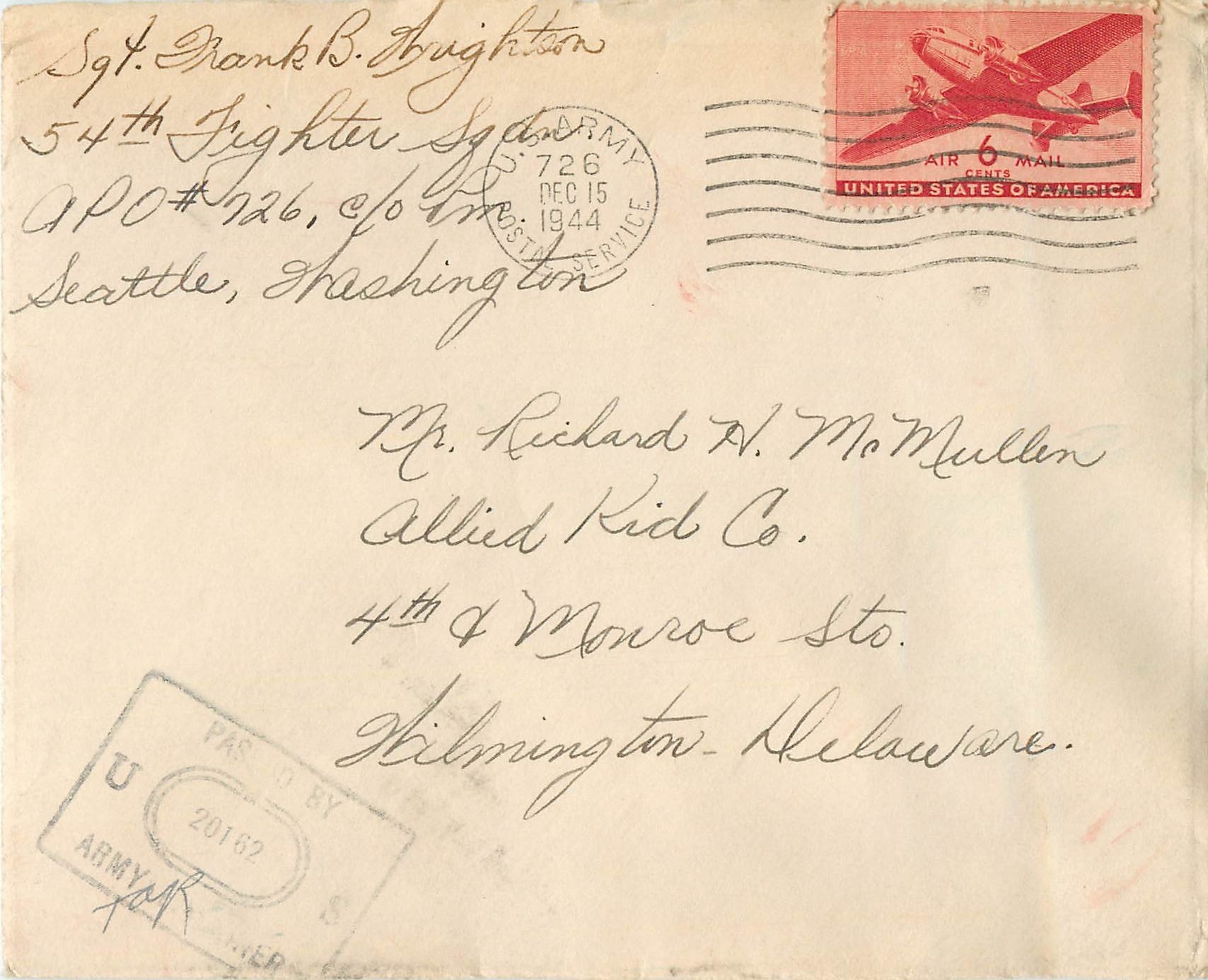 Lettre Cover US Censor 1944