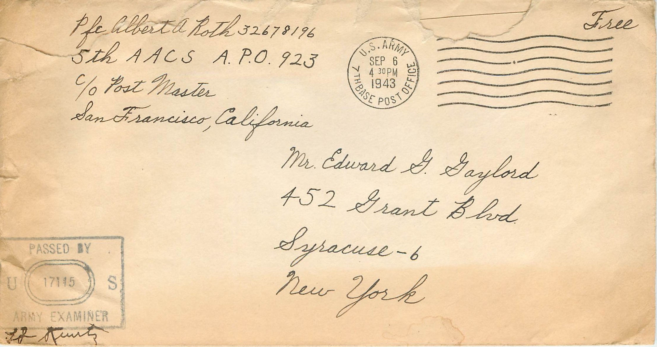 Lettre US Cover US Censor 1943