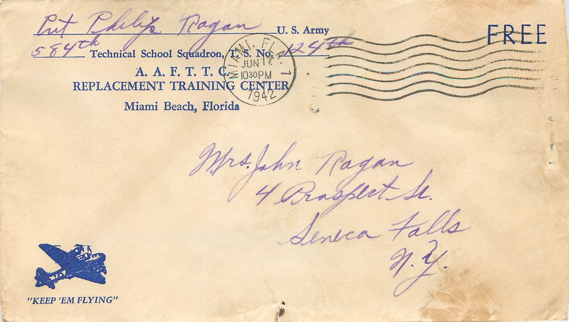 Lettre US Cover US 1942 Avion Miami