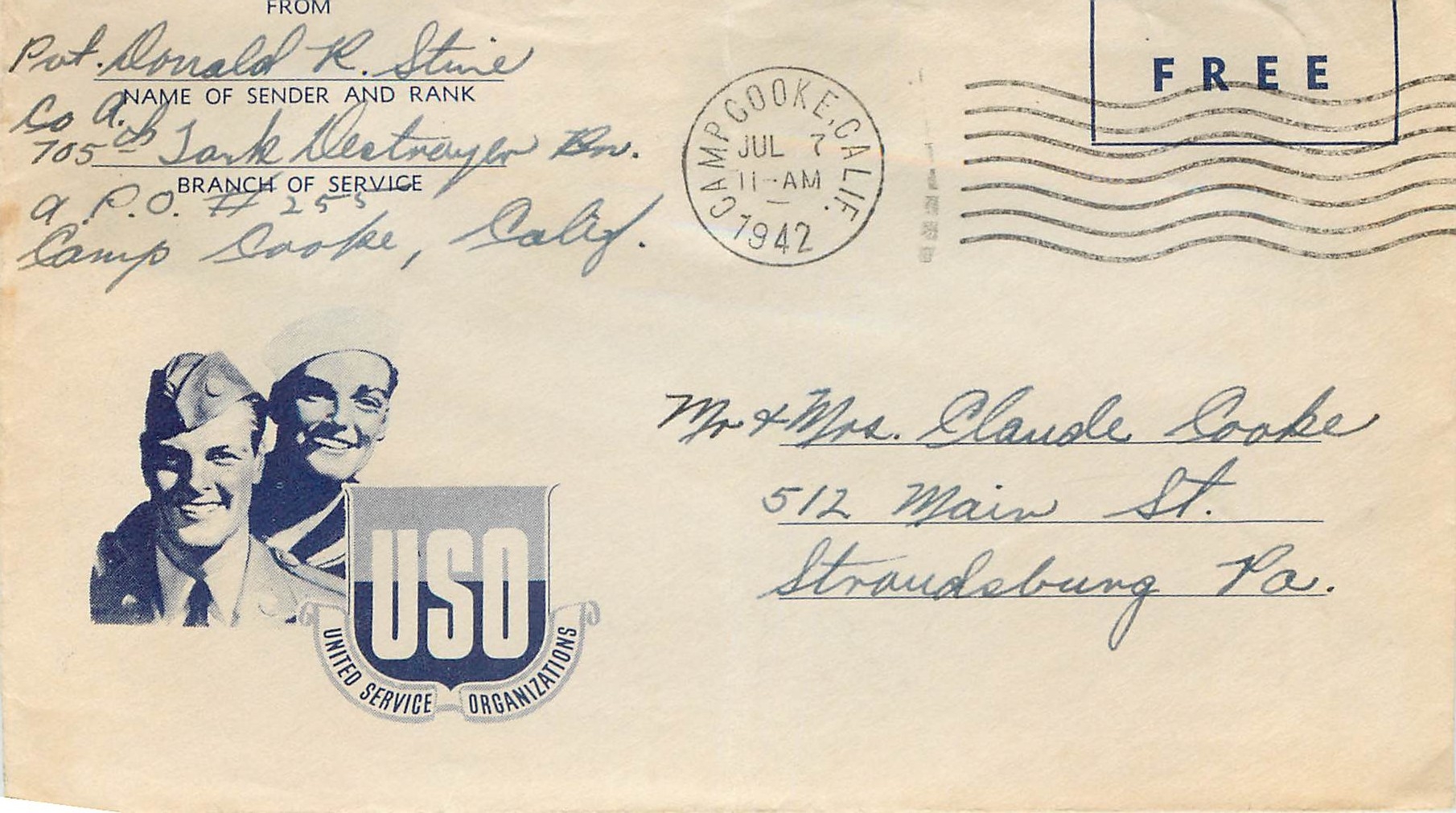 Lettre US Cover US USO Camp Cooke 1942