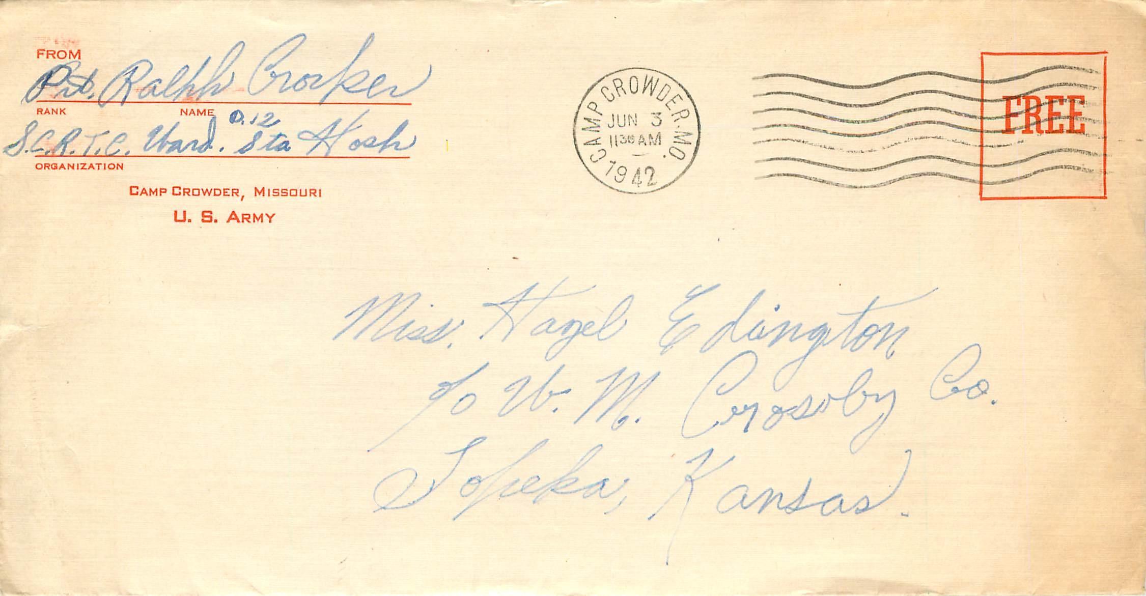 Lettre US Cover US 1942 Camp Crowder