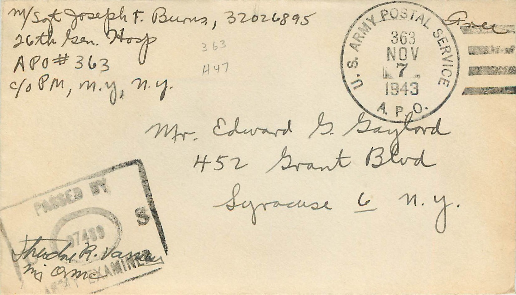 Lettre US Cover US Censor 1943