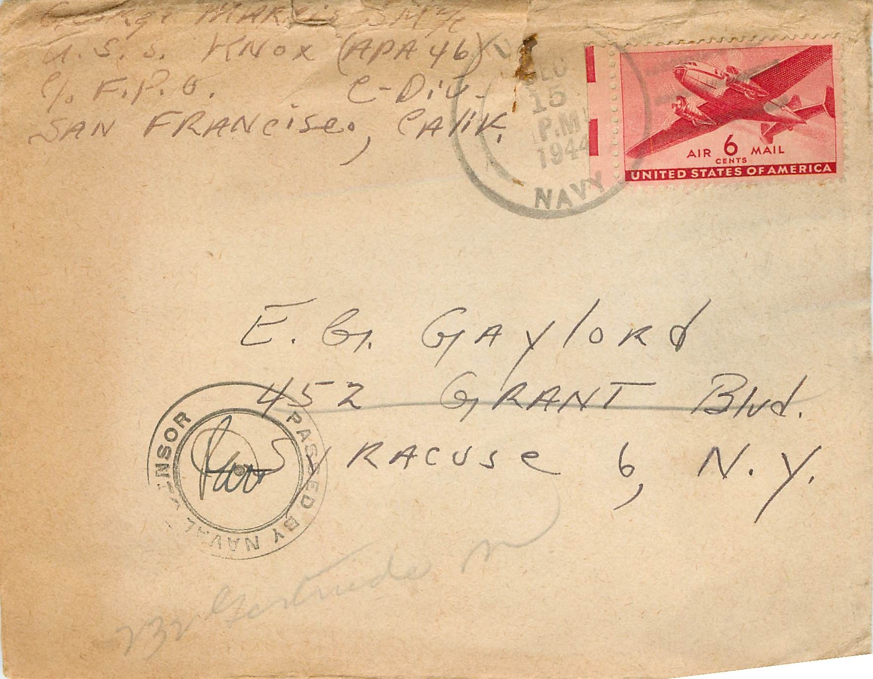 Lettre US Cover US Censor 1944