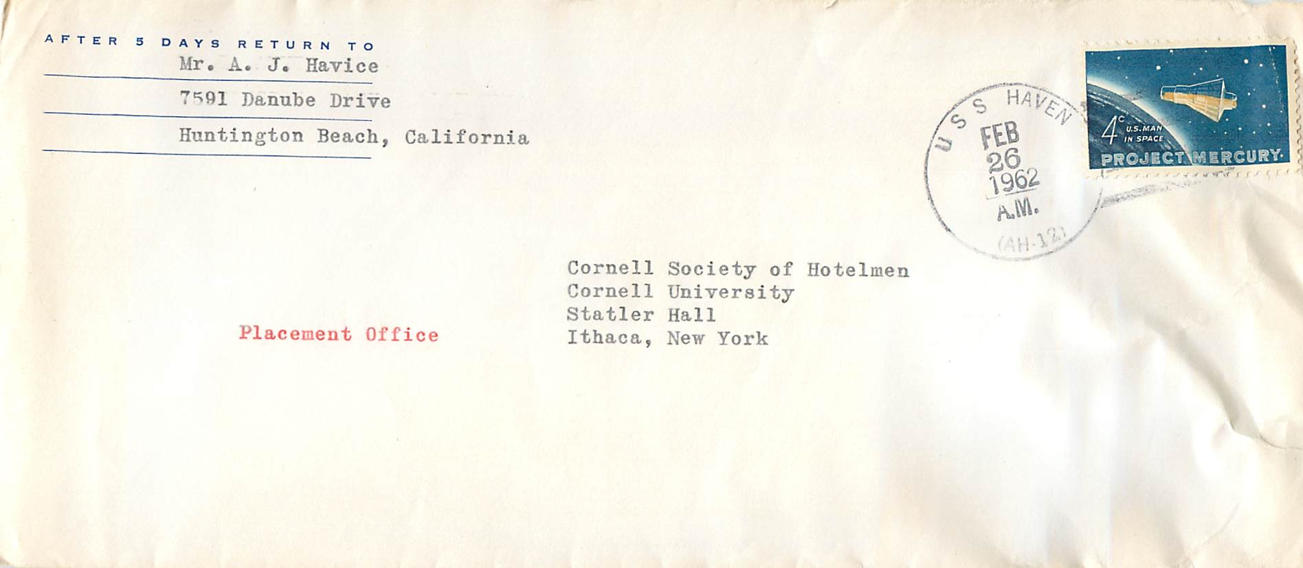 Lettre US Cover US 1962 Project Mercury Espace