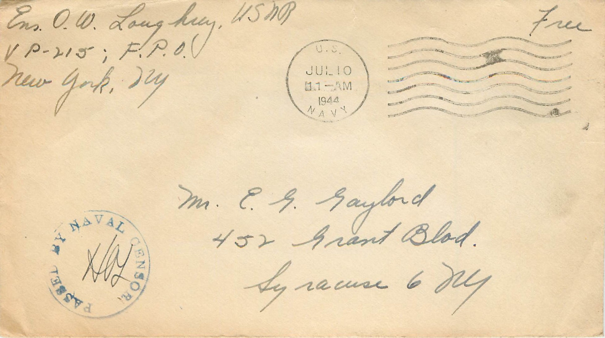 Lettre US Cover US Censor 1944 Julio
