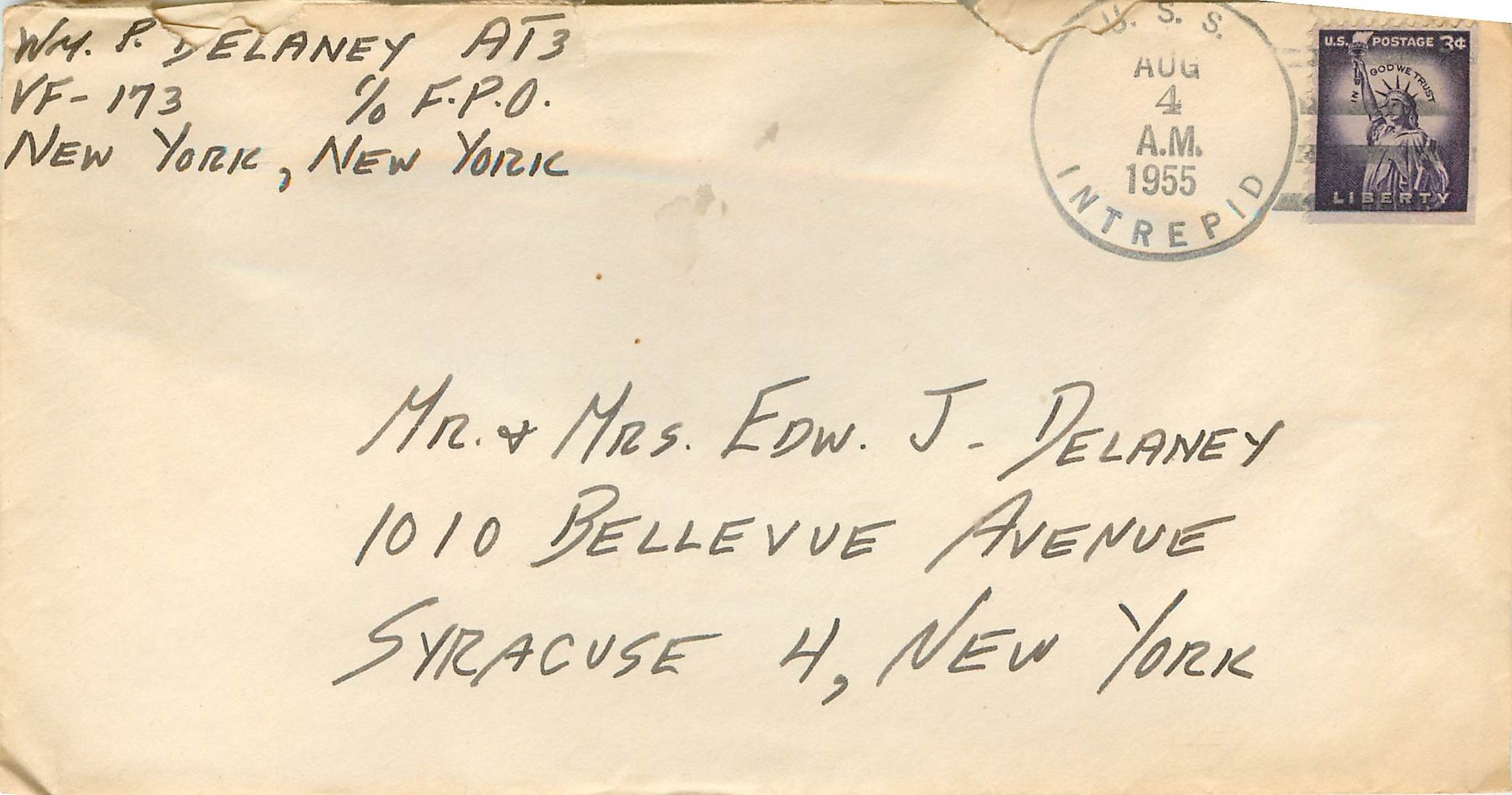 Lettre US Cover US USS Intrepid 1955