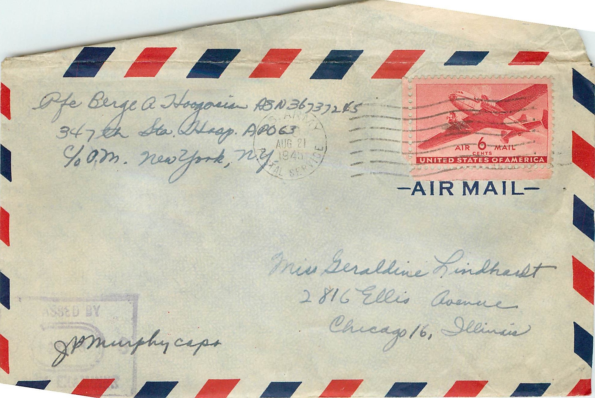 Lettre Cover US Army postal service to Illinois 1945 Censored