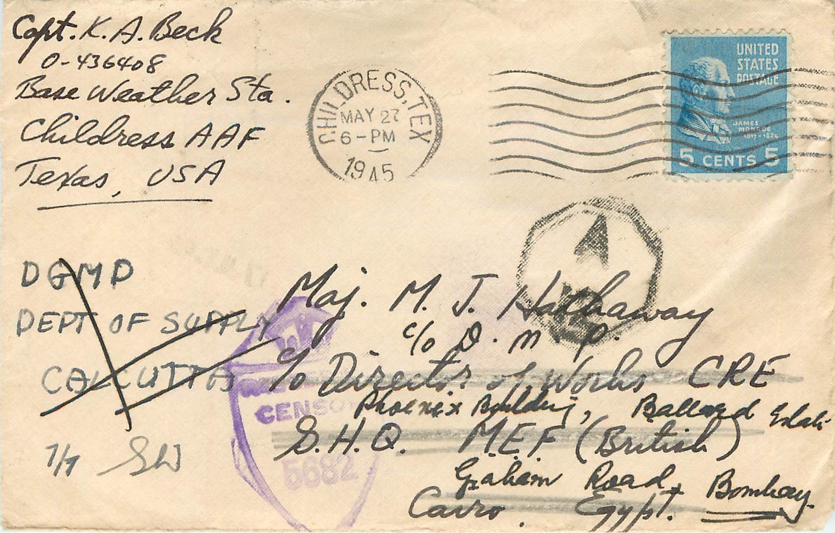 Lettre Cover US Army postal service to Bombay Censored 1945