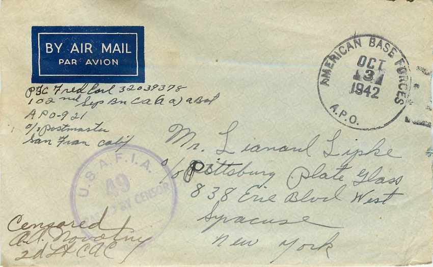 Lettre Cover US Army postal service to Syracuse 1942 Censored
