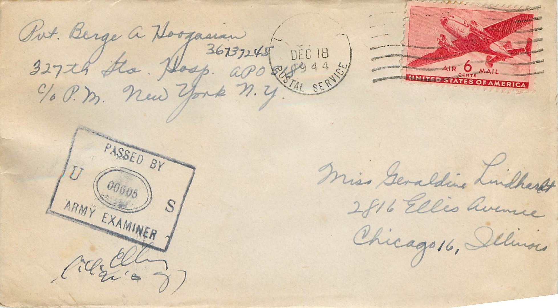 Lettre Cover US Army postal service Censored 1944