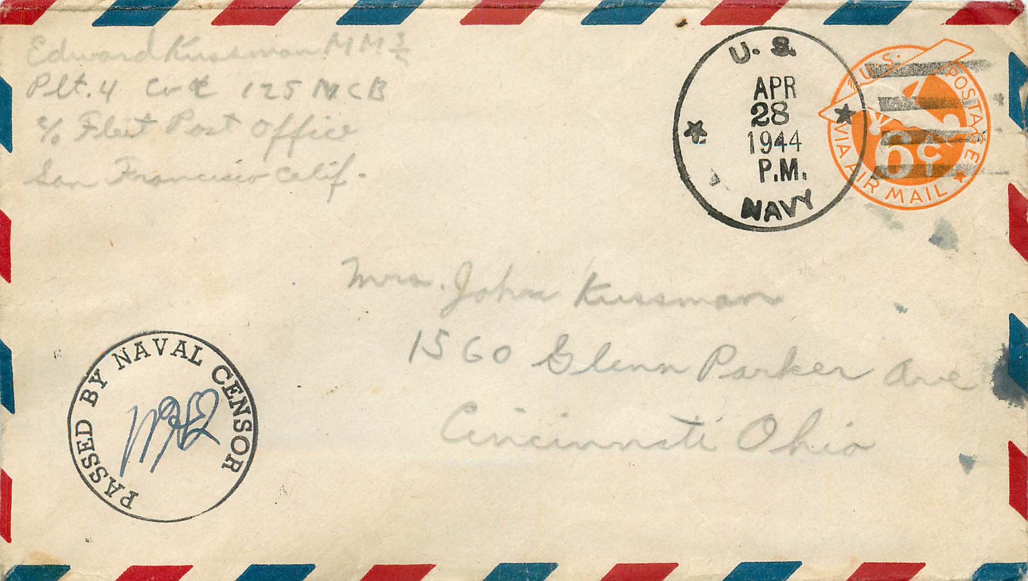 Lettre Cover US Army postal service Censored 1944