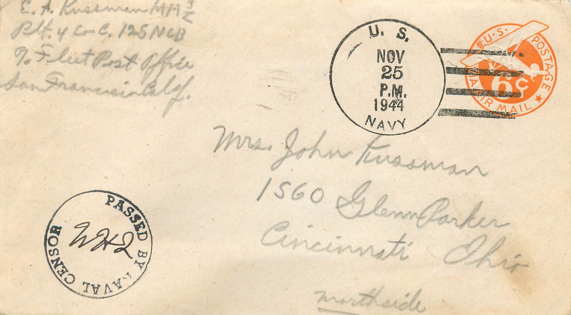 Lettre Cover US Army postal service Censored 1944