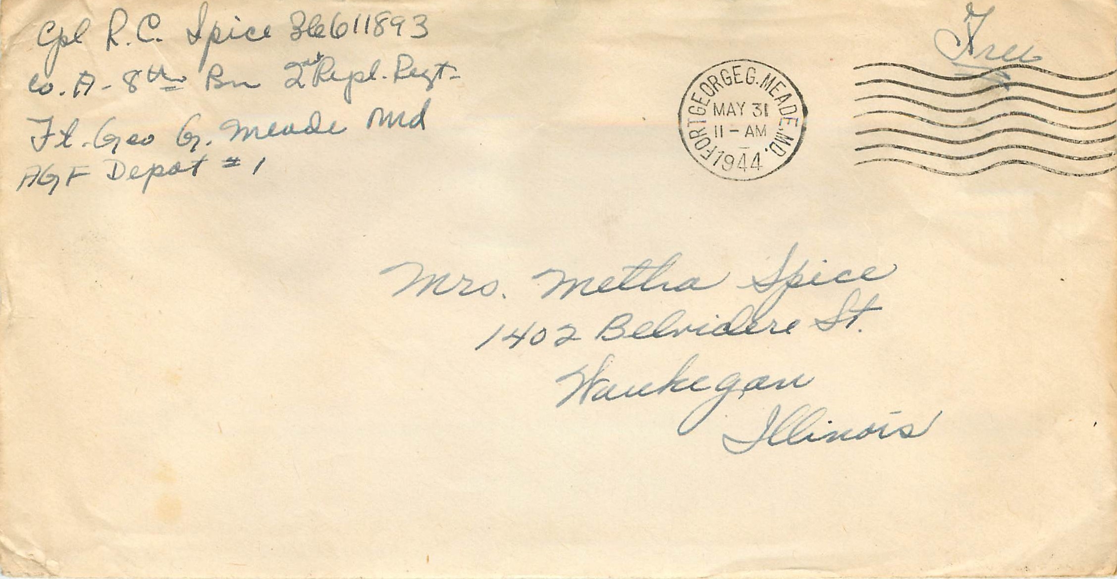 George Meade, Maryland — lettre à Mrs. Mettha Spice, Illinois — timbre et cachet postal