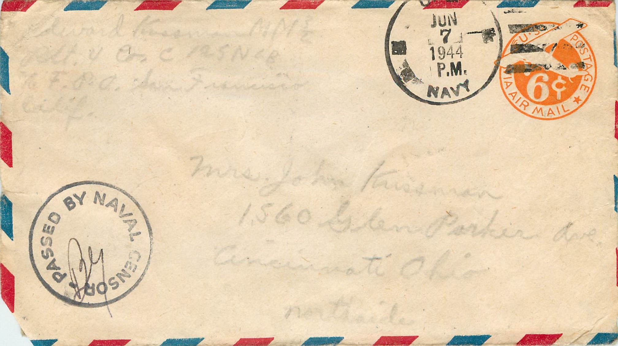 Lettre Cover US Army postal service Censored 1944