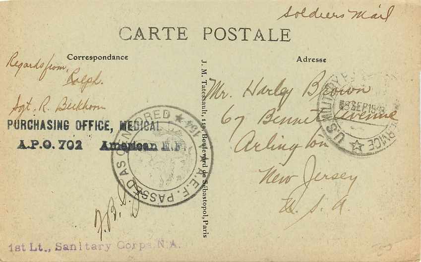CPA Paris Le Sacre Cœur Statue du Chevalier de la Barre US Censor Militaria 1918 — Rückseite