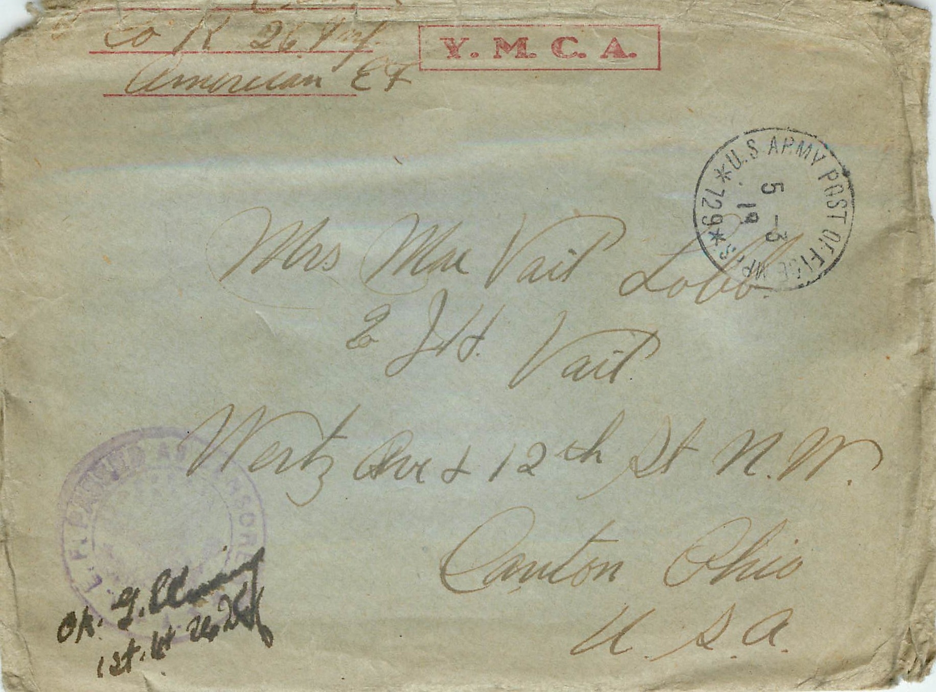 Lettre Cover US Army postal service Censored 1919