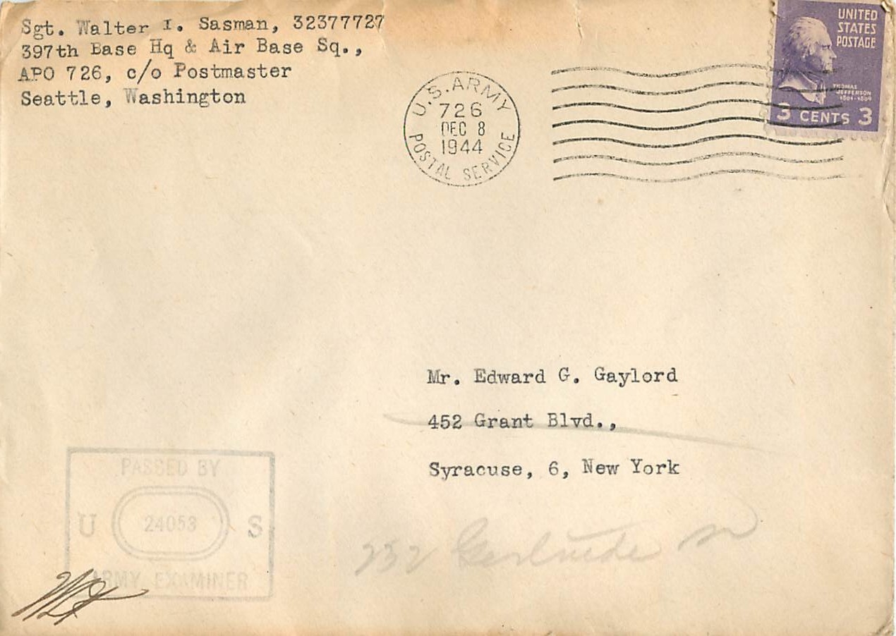 Lettre Cover US Army postal service Censored 1944 