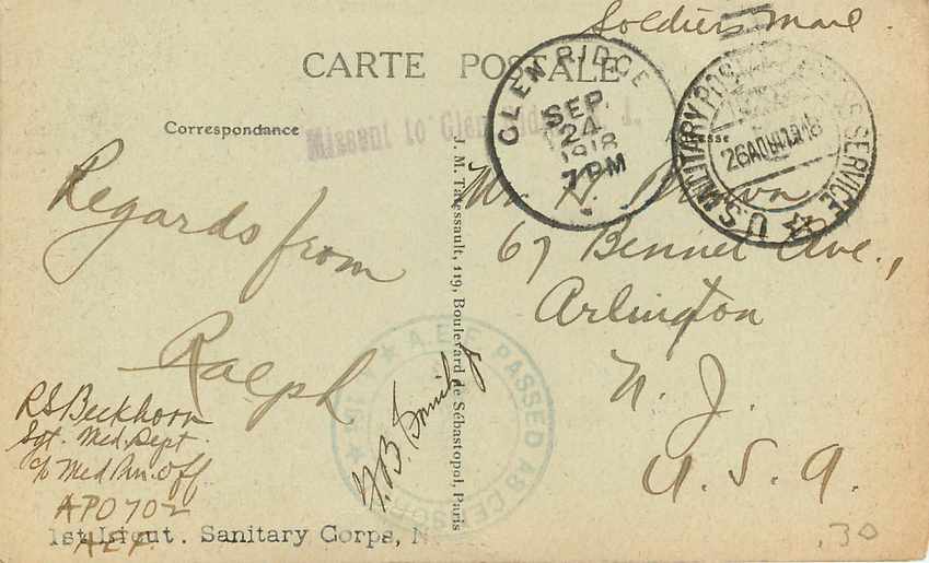 CPA Paris Eglise de la Trinite Cachet Glenbridge US Military Militaria — Rückseite