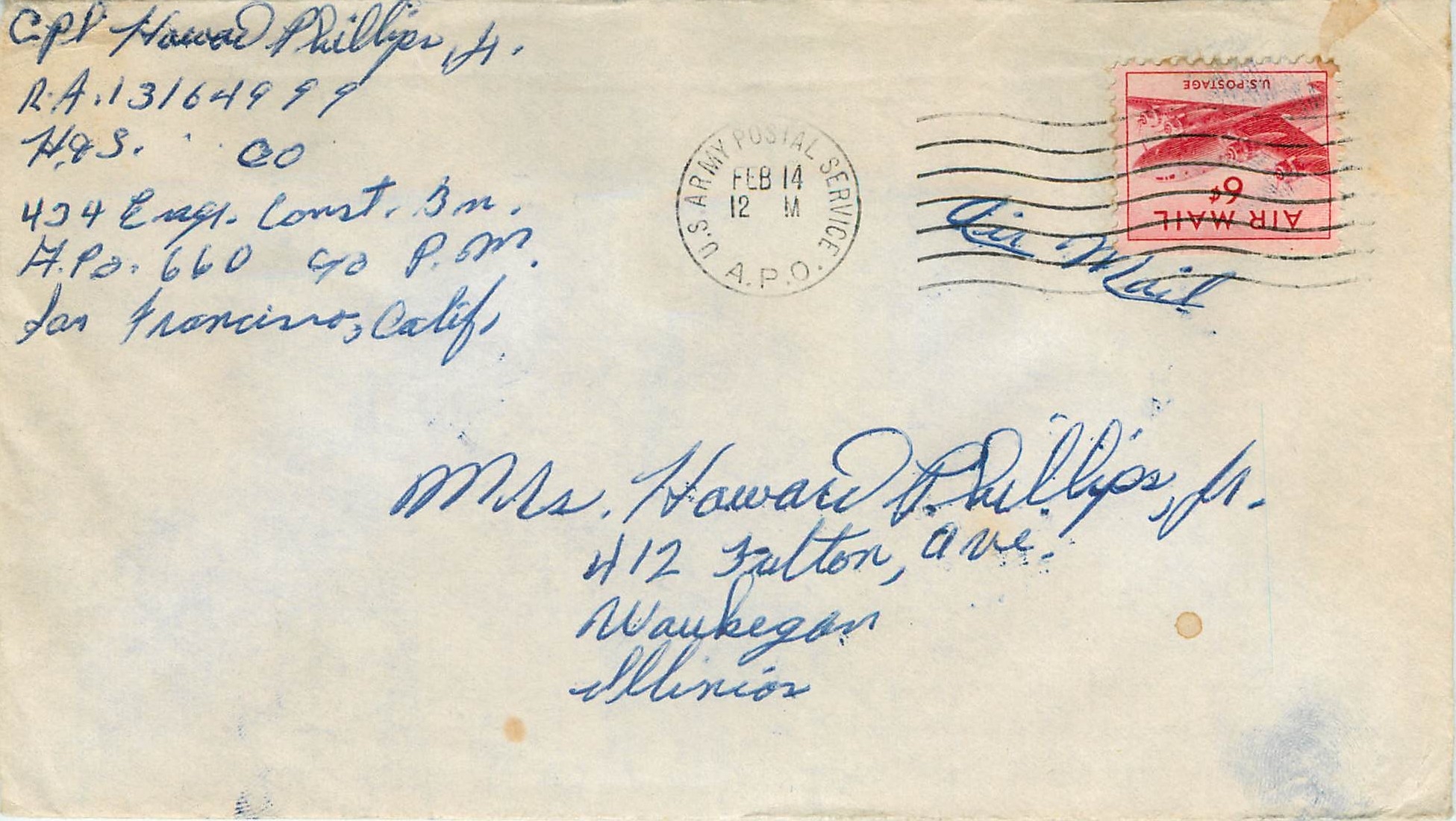 Lettre Cover US Army postal service to Illinois Censored