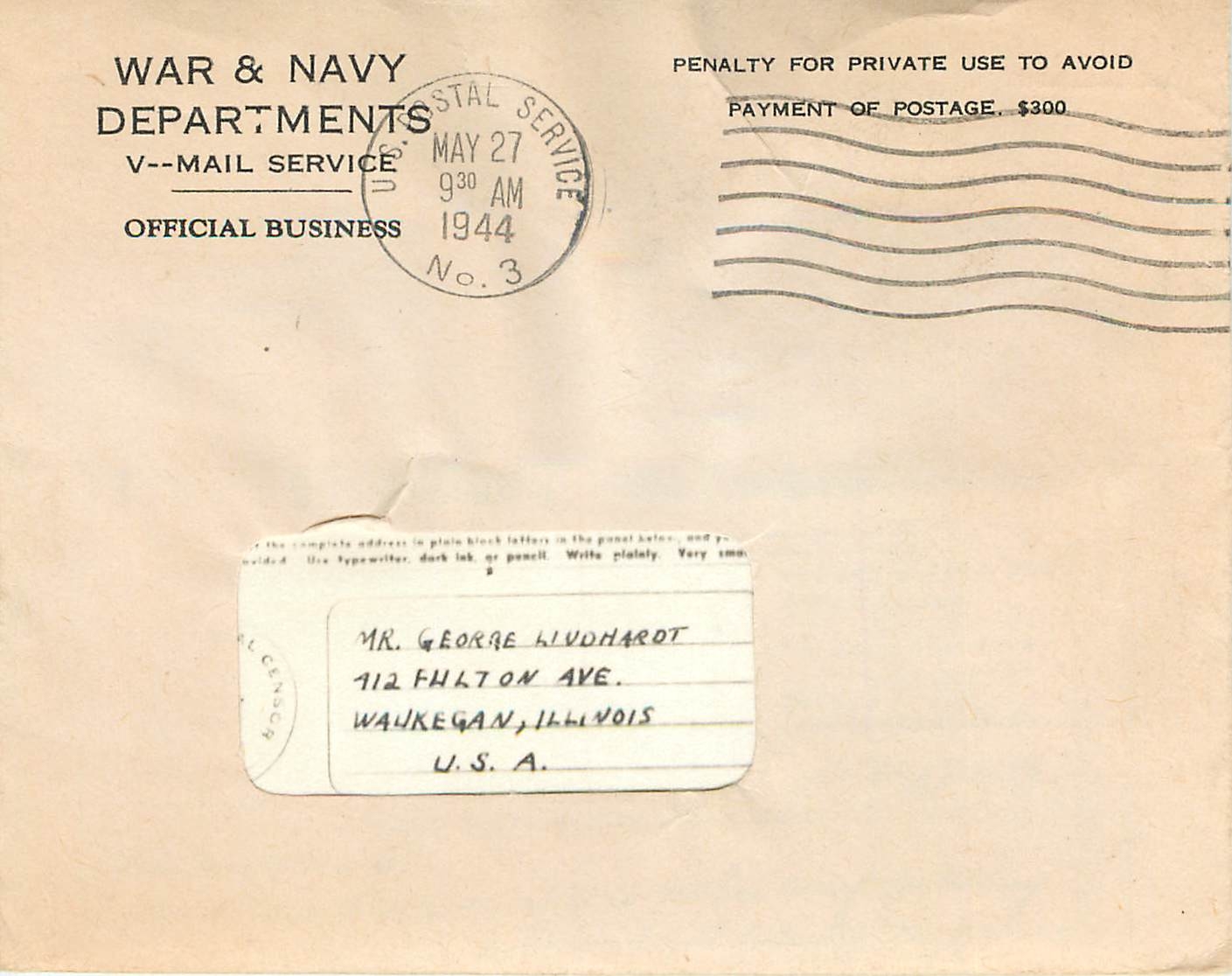 Lettre Cover US Army postal service War & Navy George Livonhardt Waukegan