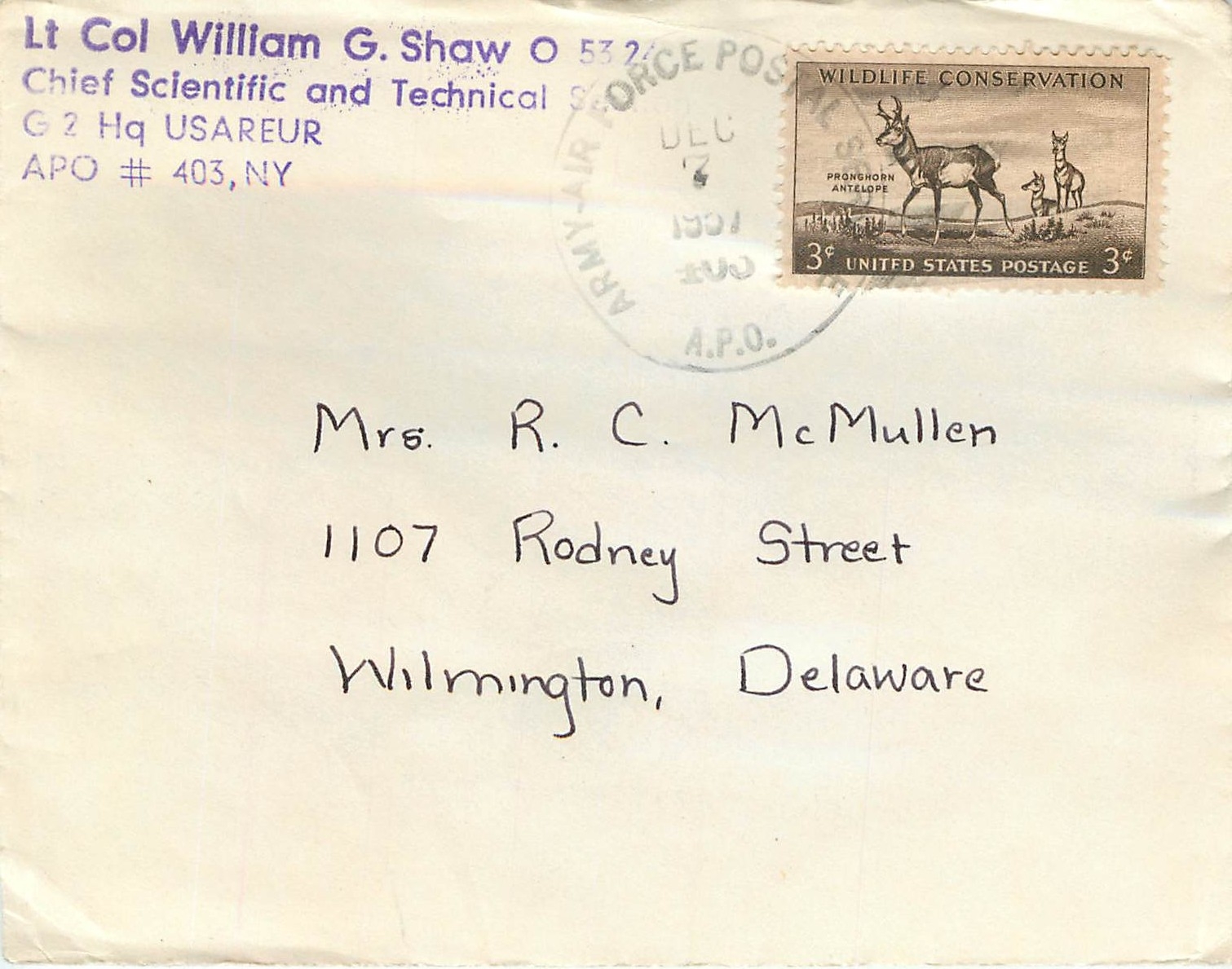 Lettre Cover US Army postal service 1957 Lt Col William Shaw 