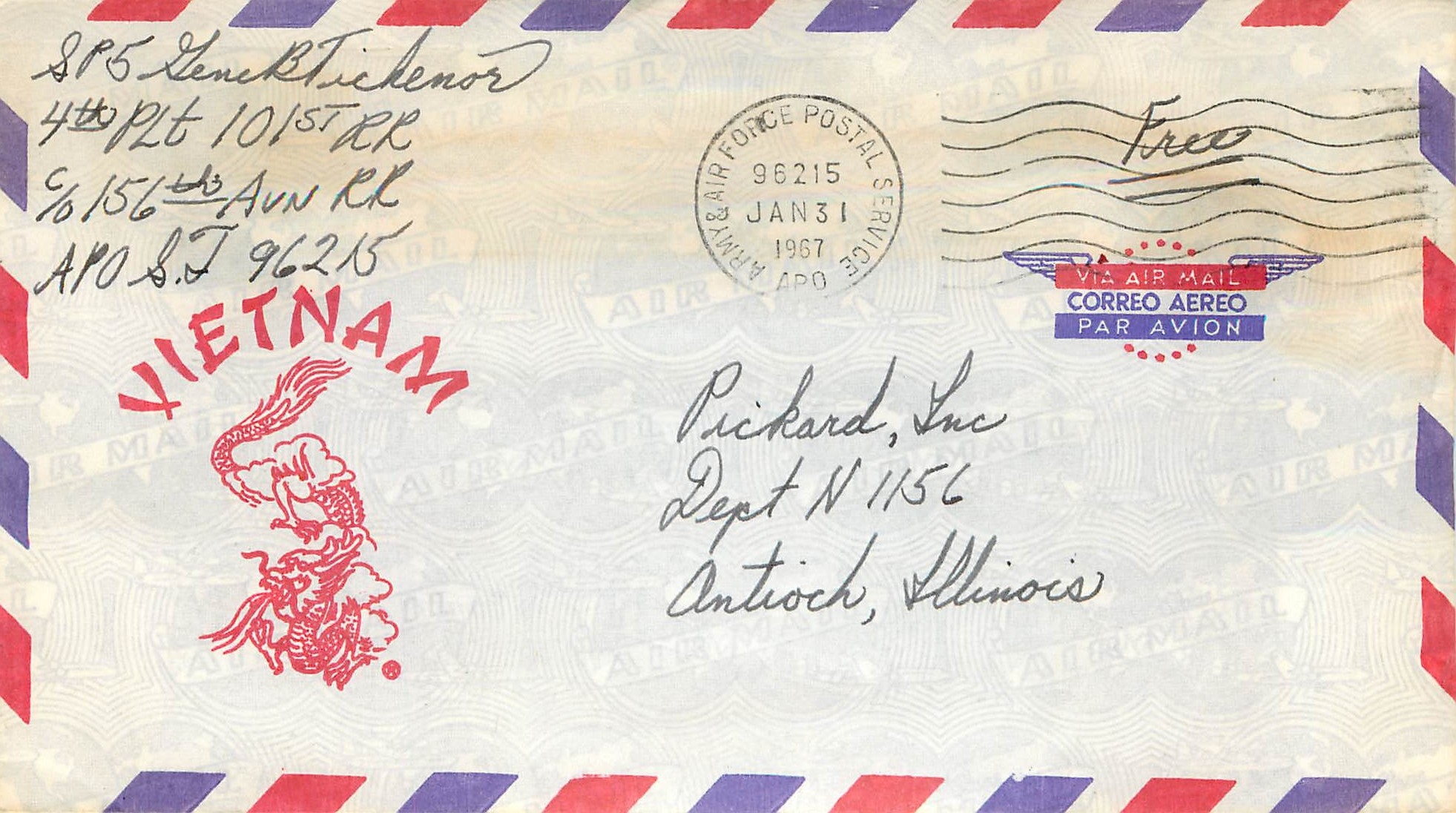 Lettre Cover US Army postal service 1967 Vietnam Dragon