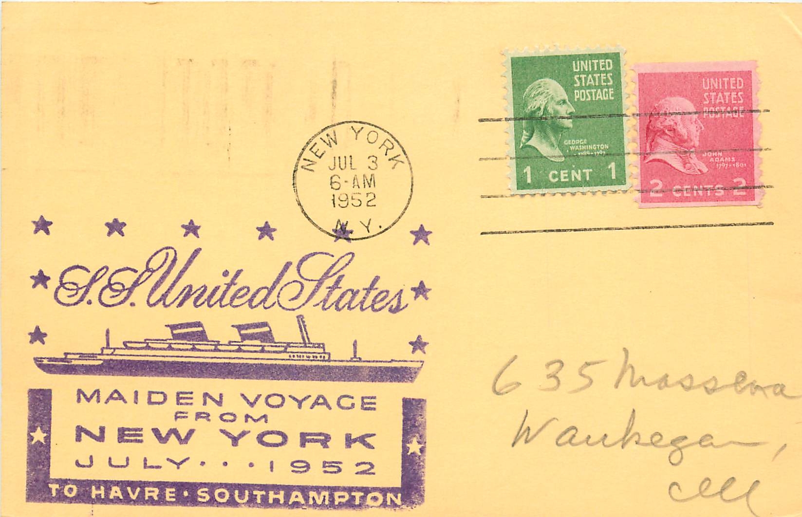 Lettre Cover 1952 Maiden Voyage from New York to Havre Southampton