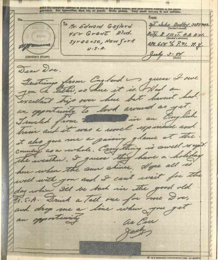 Photo Lettre Edwayrd Gaylord Syracuse New York censorship 1944