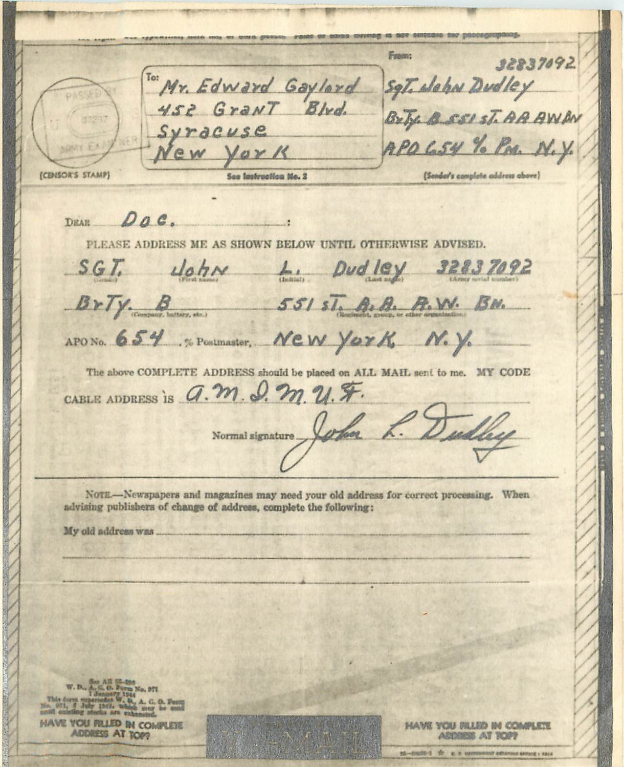 Photo Lettre Edwayrd Gaylord Syracuse New York censorship 1944